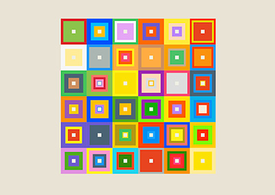 Various colourful concentric squares arranged in a grid