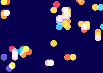 Evolving pattern of glowing circles on a dark blue background