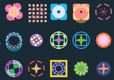 Animated geometric forms glowing on a dark canvas, each a unique layered composition of shapes and colours