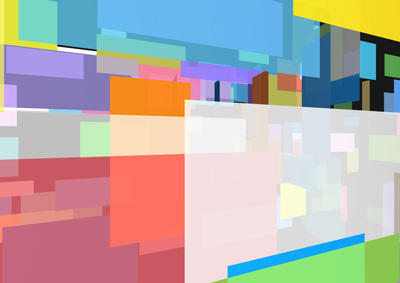 A vibrant generative artwork of colourful, layered planes moving in 3D space